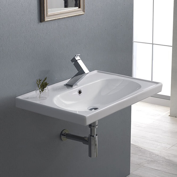 Bathroom Sink, CeraStyle 043100-U, Rectangular White Ceramic Wall Mounted or Drop In Bathroom Sink